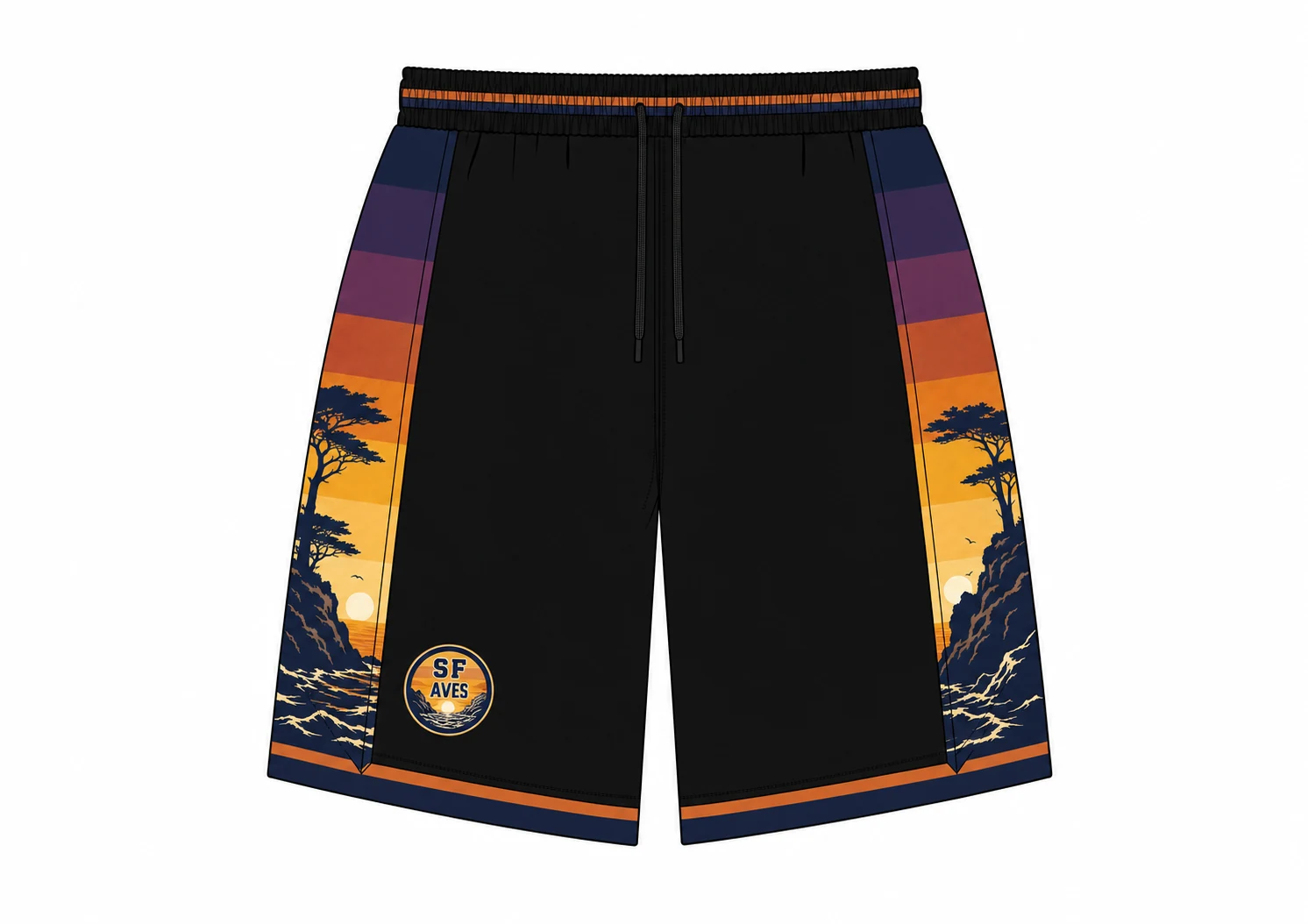 SF AVES dark kit shorts — sunset gradient with cypress silhouettes